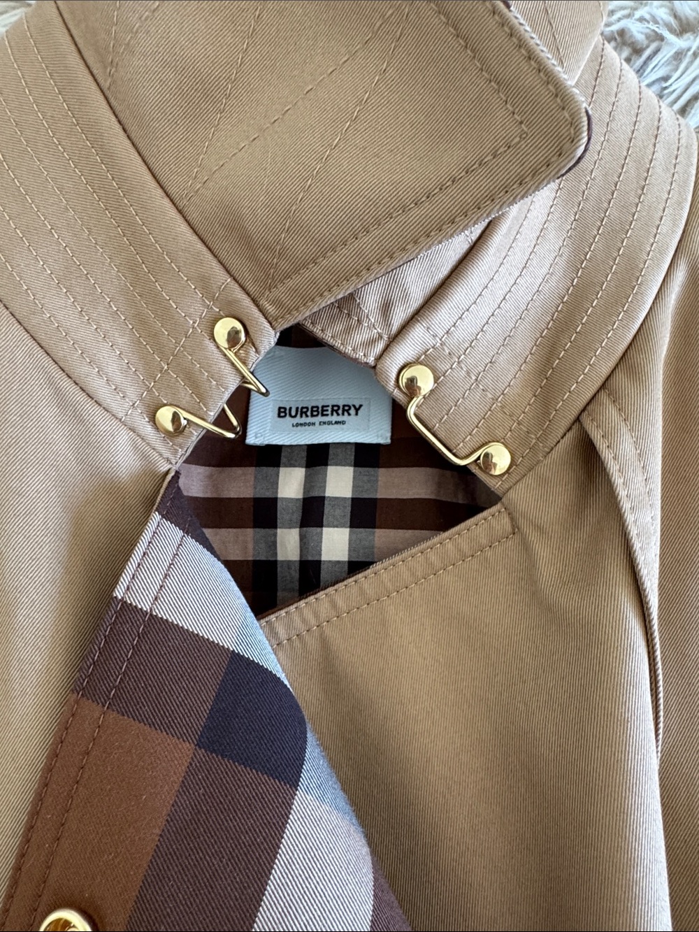 Burberry Sandridge Long Check Collar Gabardine Trench Coat Camel NWOT Size 2 - Picture 13 of 15